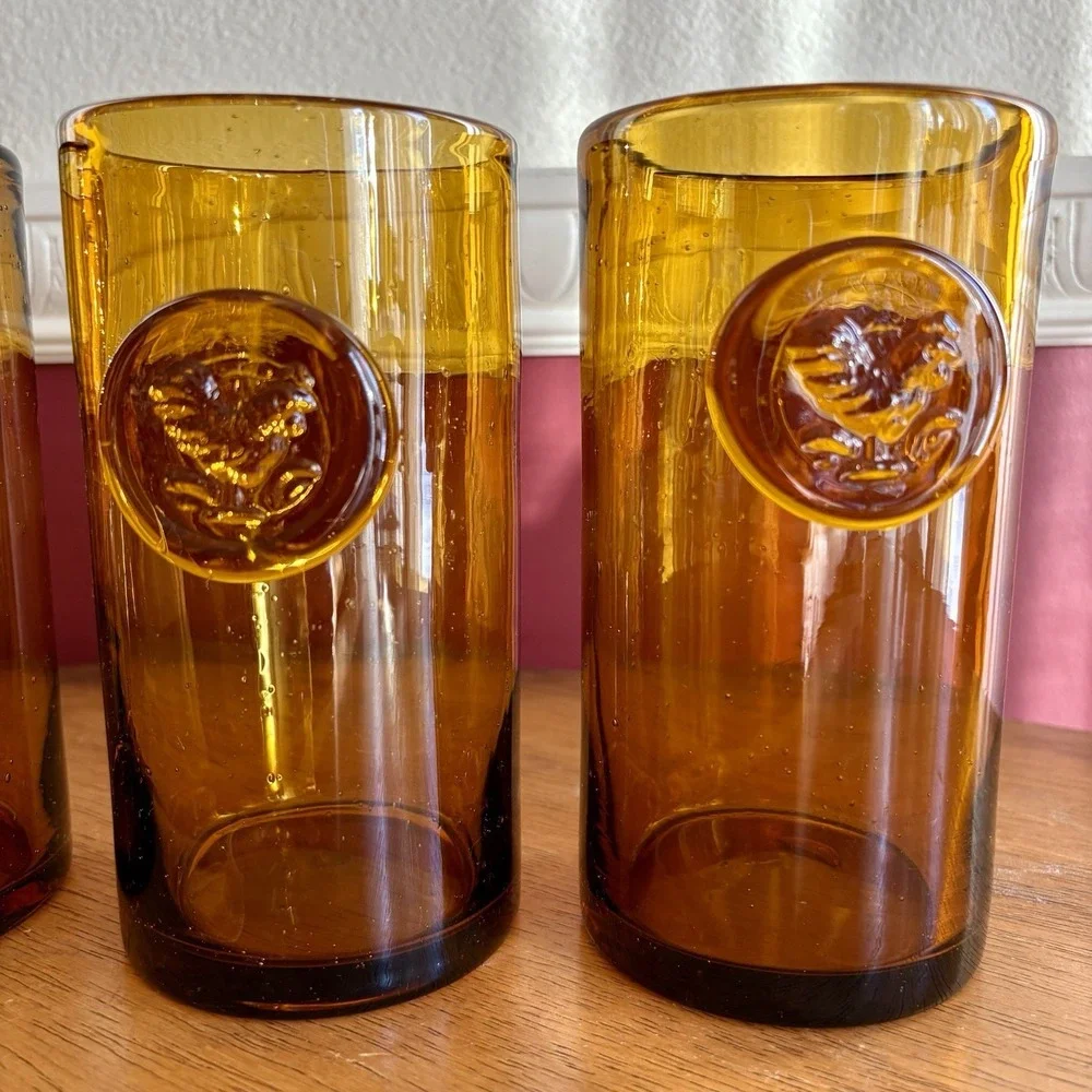 Vintage Pier‎ 1 hand blown amber glass rooster tumbler farmhouse set of 4